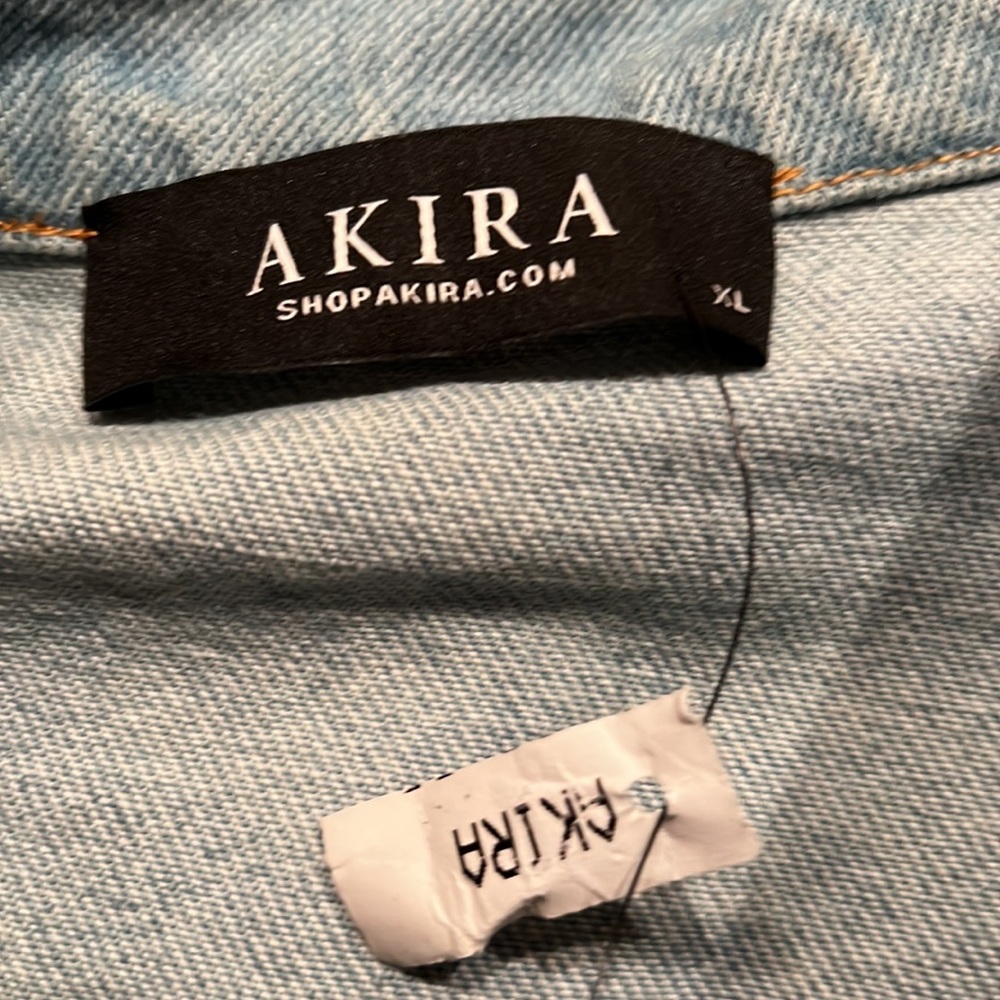 Akira Crop Jean Jacket With Faux Fur Sleeves In Black & Faux Leather Harness XL - Picture 11 of 11